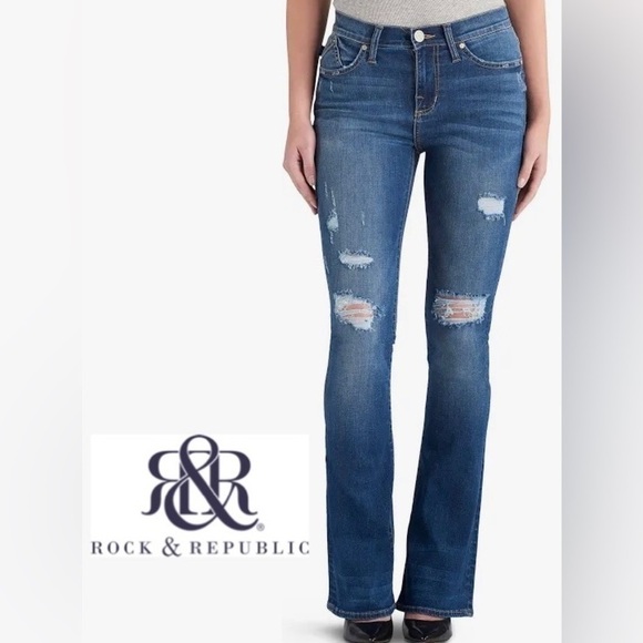 Rock & Republic Kasandra Distressed Mid Rise Boot Cut Stretch Jeans Size 6M - Picture 1 of 14